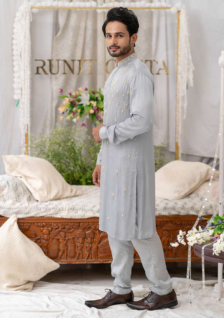 Grey Hand Embroidered Pure Cotton Kurta Set For Men - Indya