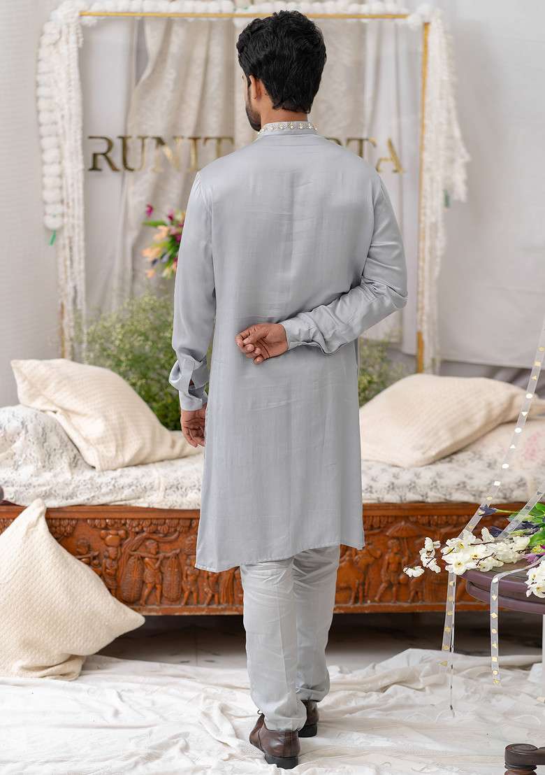 Grey Hand Embroidered Pure Cotton Kurta Set For Men - Indya