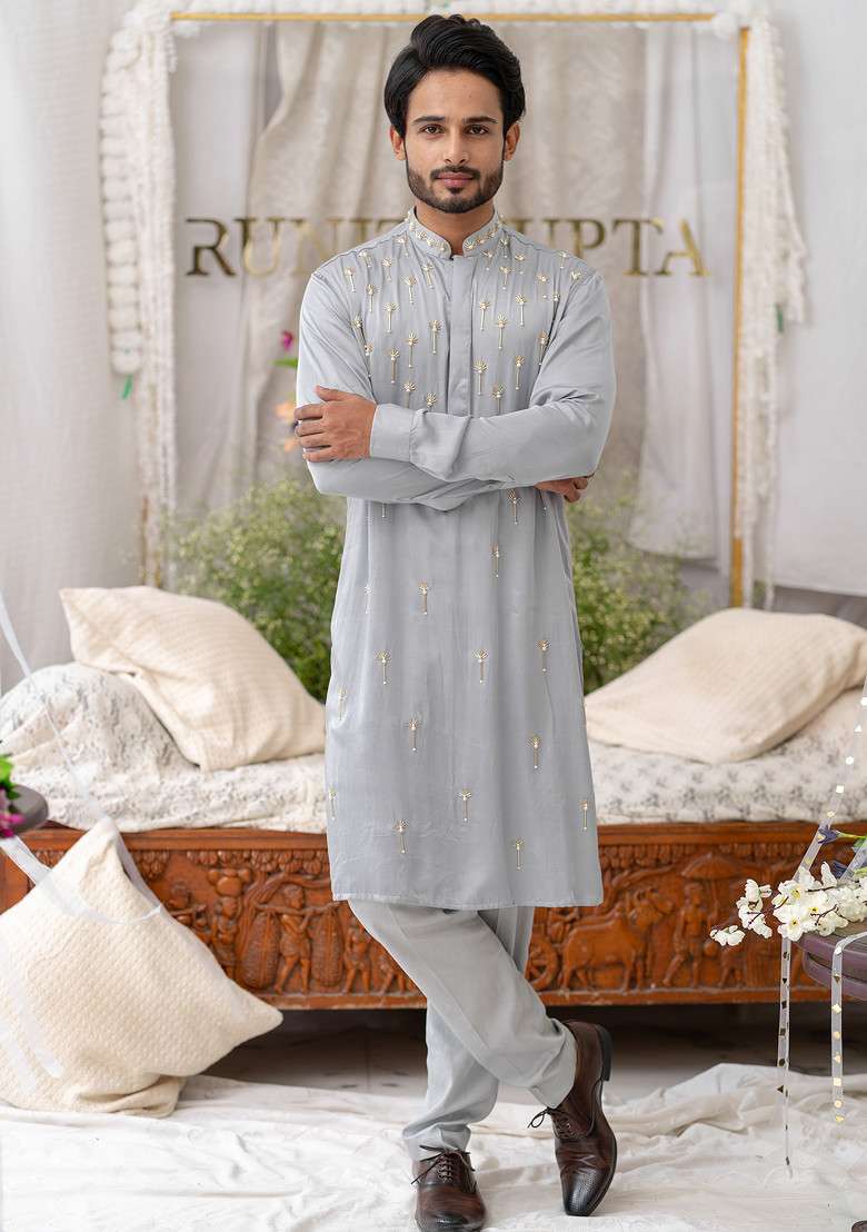 Grey Hand Embroidered Pure Cotton Kurta Set For Men - Indya