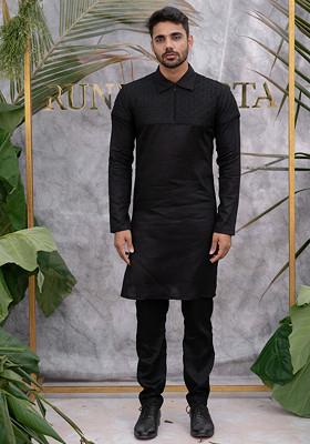 Black Quilted Pure Cotton Kurta Set For Men