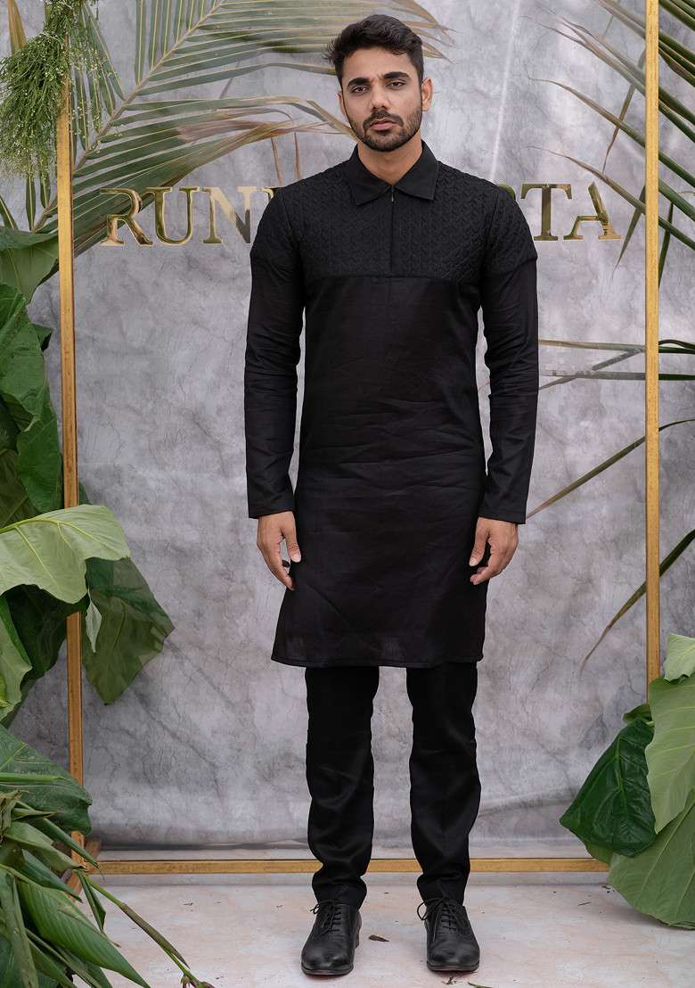 Black Quilted Pure Cotton Kurta Set For Men - Indya