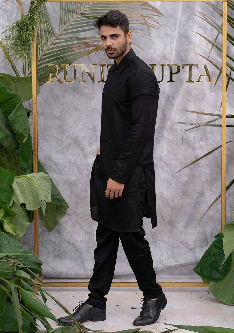Black Quilted Pure Cotton Kurta Set For Men - Indya