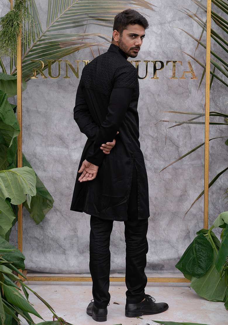 Black Quilted Pure Cotton Kurta Set For Men - Indya