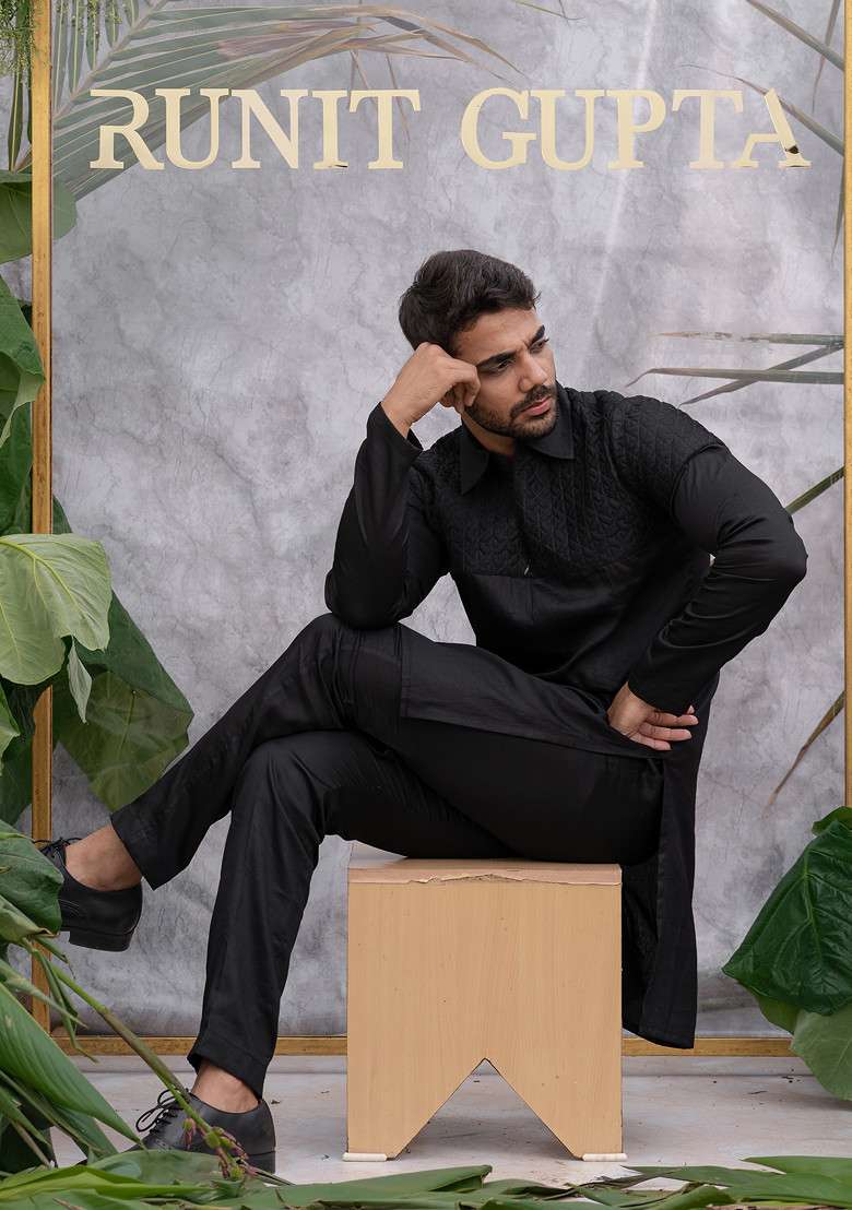 Black Quilted Pure Cotton Kurta Set For Men - Indya