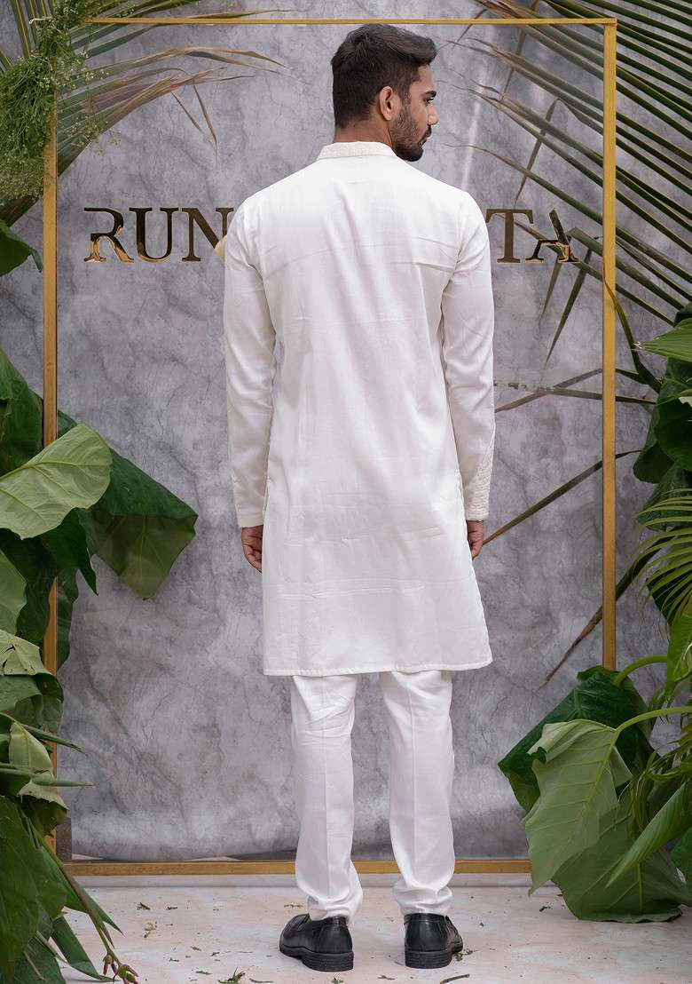 Ivory Quilted Pure Cotton Kurta Set For Men - Indya