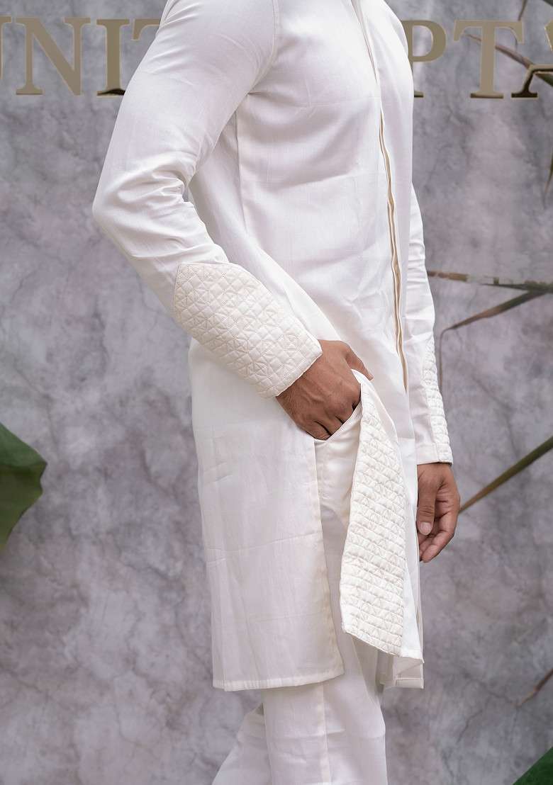 Ivory Quilted Pure Cotton Kurta Set For Men - Indya