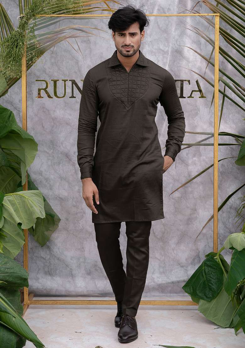 Grey Quilted Pure Cotton Kurta Set For Men - Indya