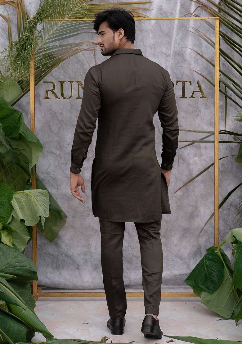 Grey Quilted Pure Cotton Kurta Set For Men - Indya