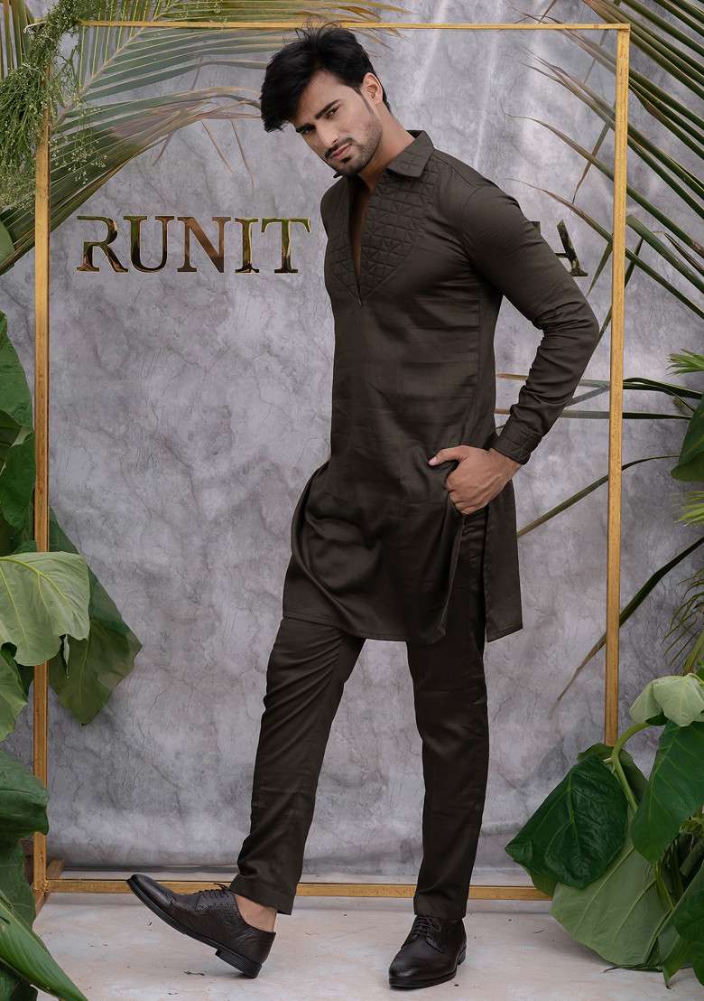 Grey Quilted Pure Cotton Kurta Set For Men - Indya