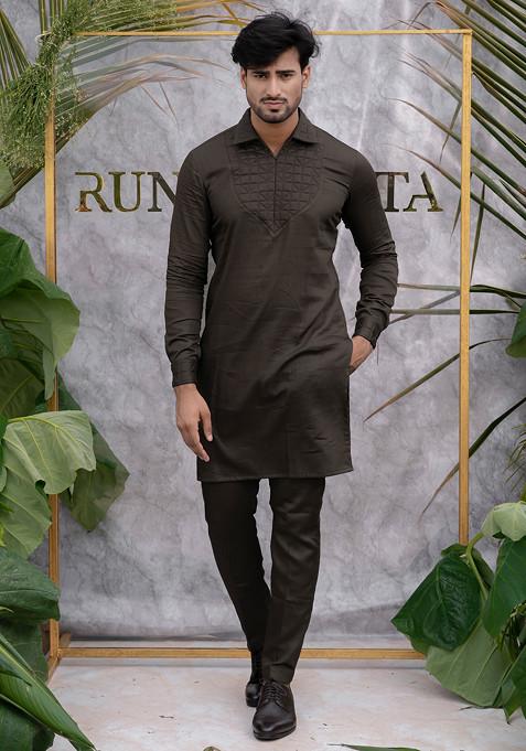 Grey Quilted Pure Cotton Kurta Set For Men