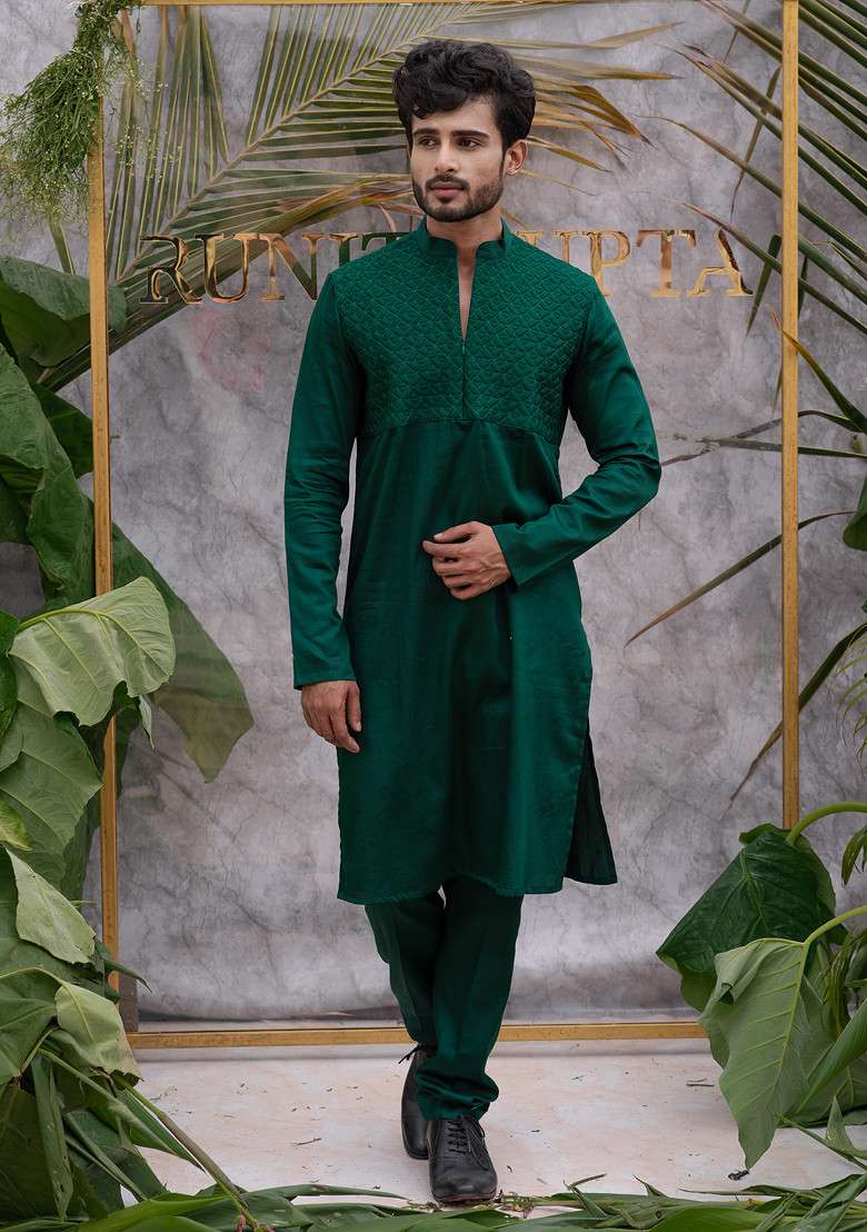 Green Quilted Pure Cotton Kurta Set For Men - Indya