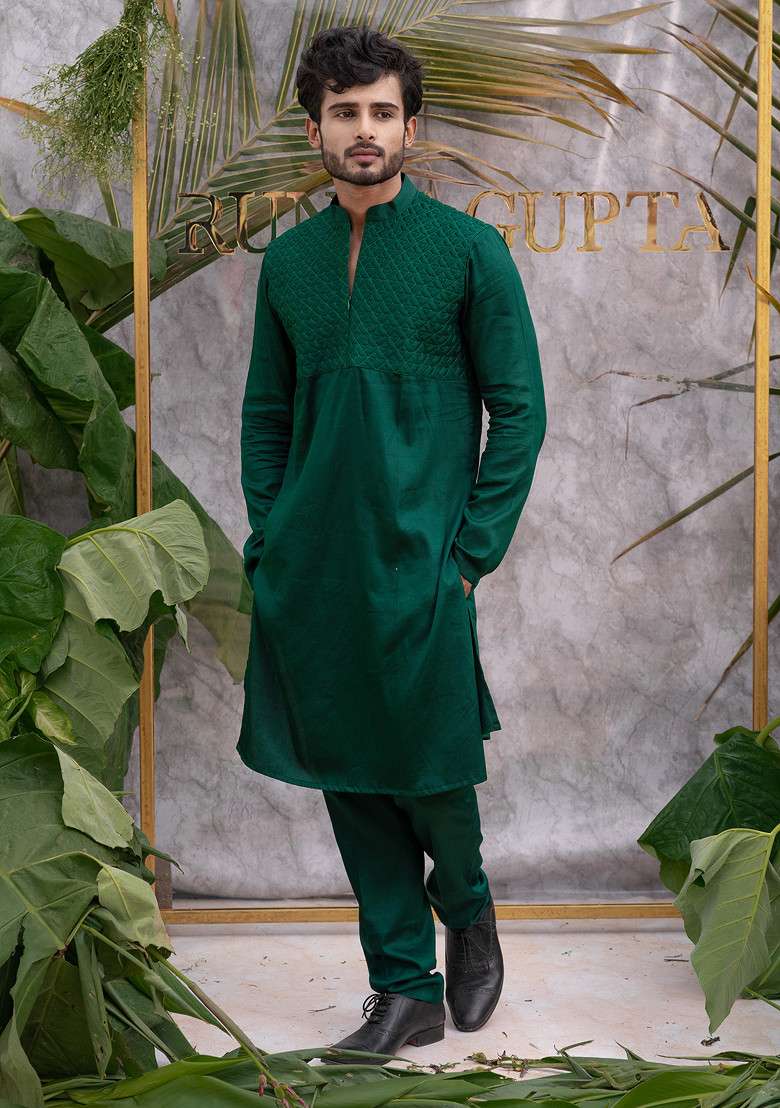 Green Quilted Pure Cotton Kurta Set For Men - Indya