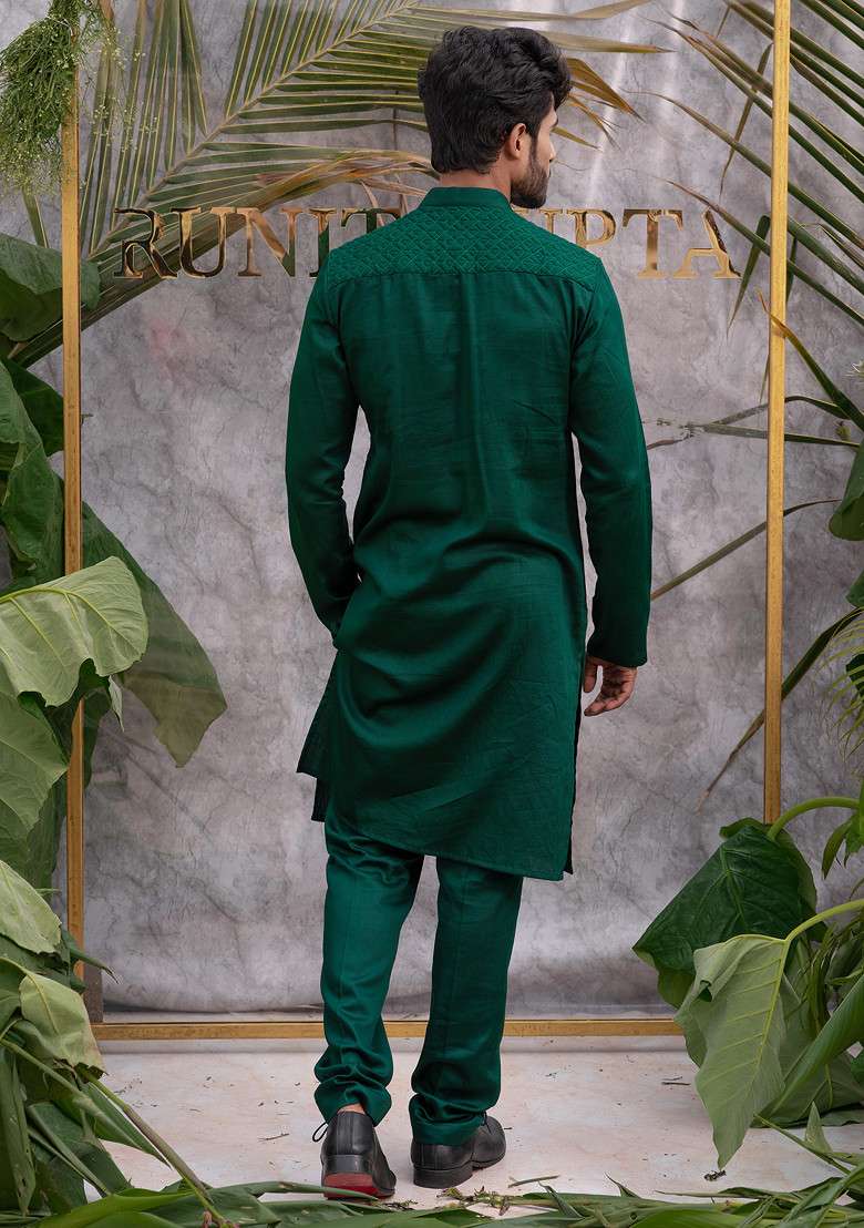 Green Quilted Pure Cotton Kurta Set For Men - Indya