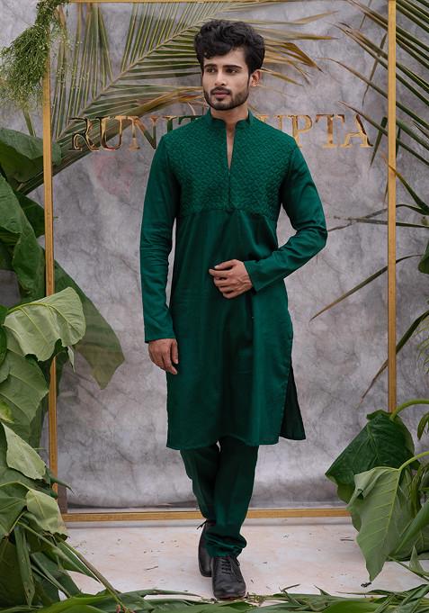 Green Quilted Pure Cotton Kurta Set For Men