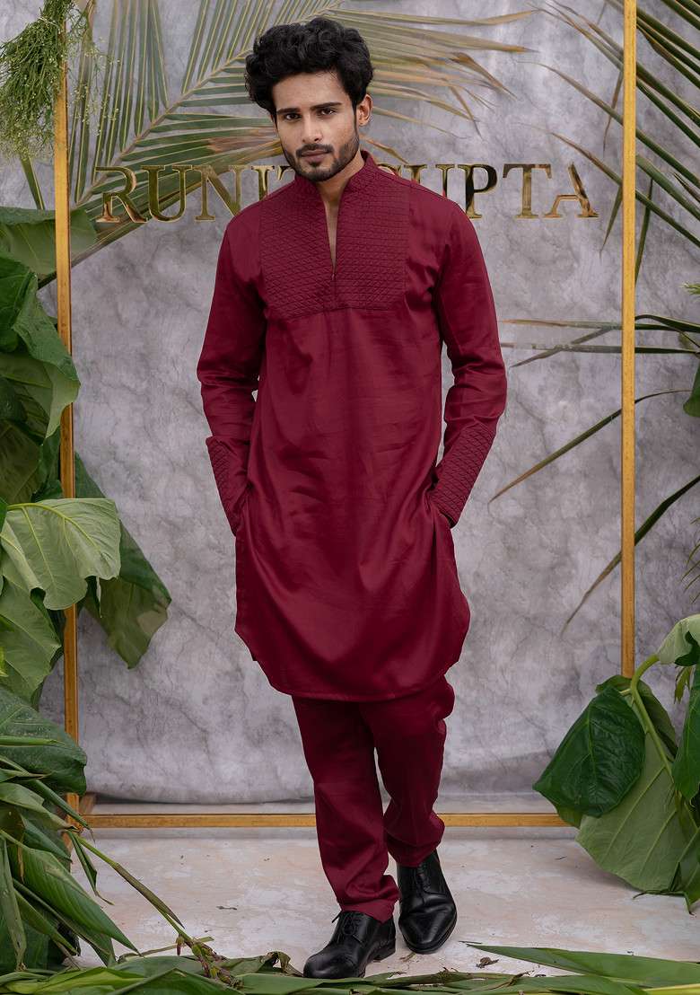 Red Quilted Pure Cotton Kurta Set For Men - Indya