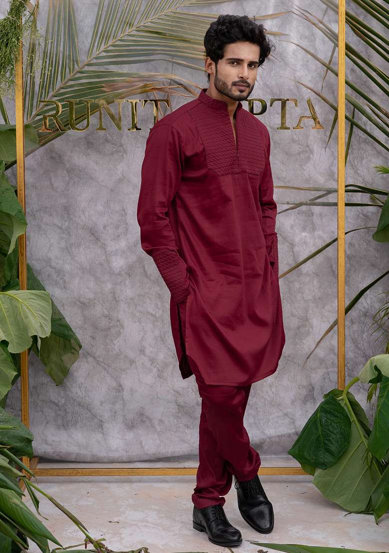 Red Quilted Pure Cotton Kurta Set For Men - Indya