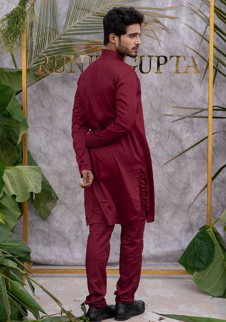 Red Quilted Pure Cotton Kurta Set For Men - Indya