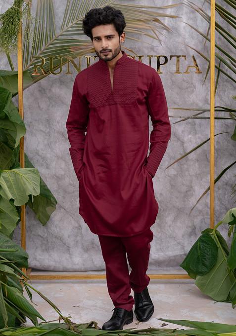 Red Quilted Pure Cotton Kurta Set For Men