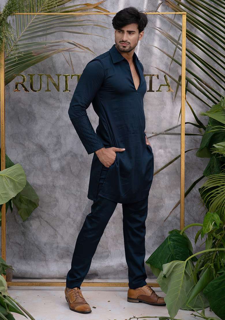 Blue Quilted Pure Cotton Kurta Set For Men - Indya