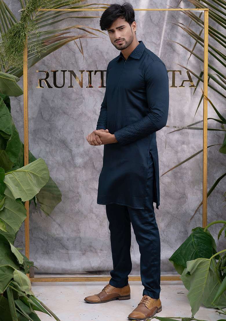 Blue Quilted Pure Cotton Kurta Set For Men - Indya