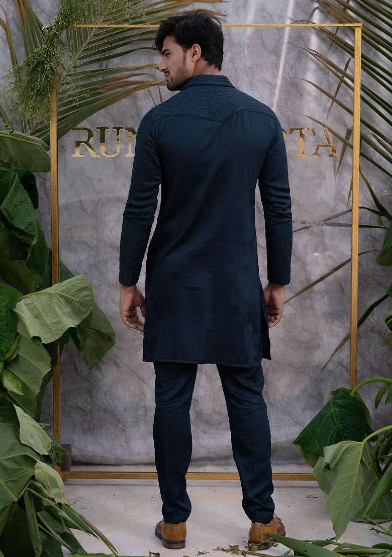 Blue Quilted Pure Cotton Kurta Set For Men - Indya