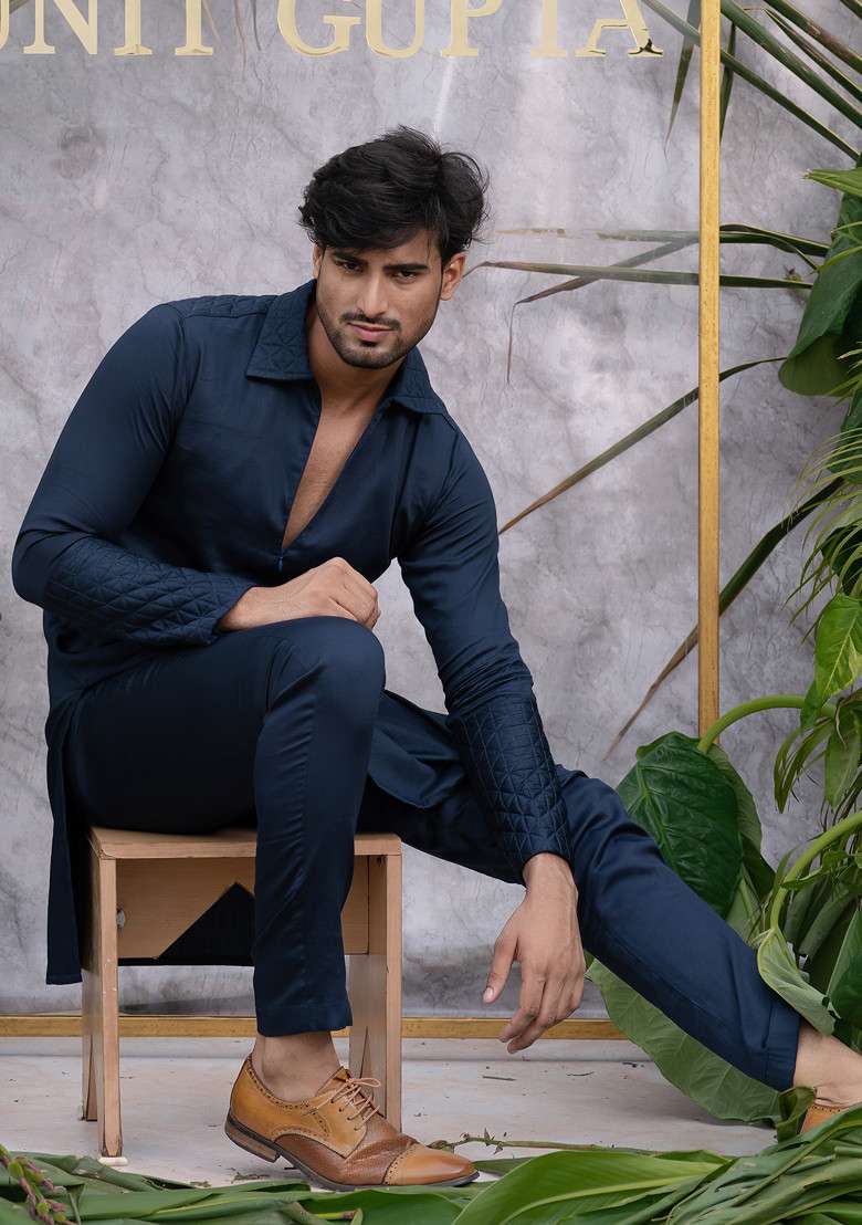Blue Quilted Pure Cotton Kurta Set For Men - Indya