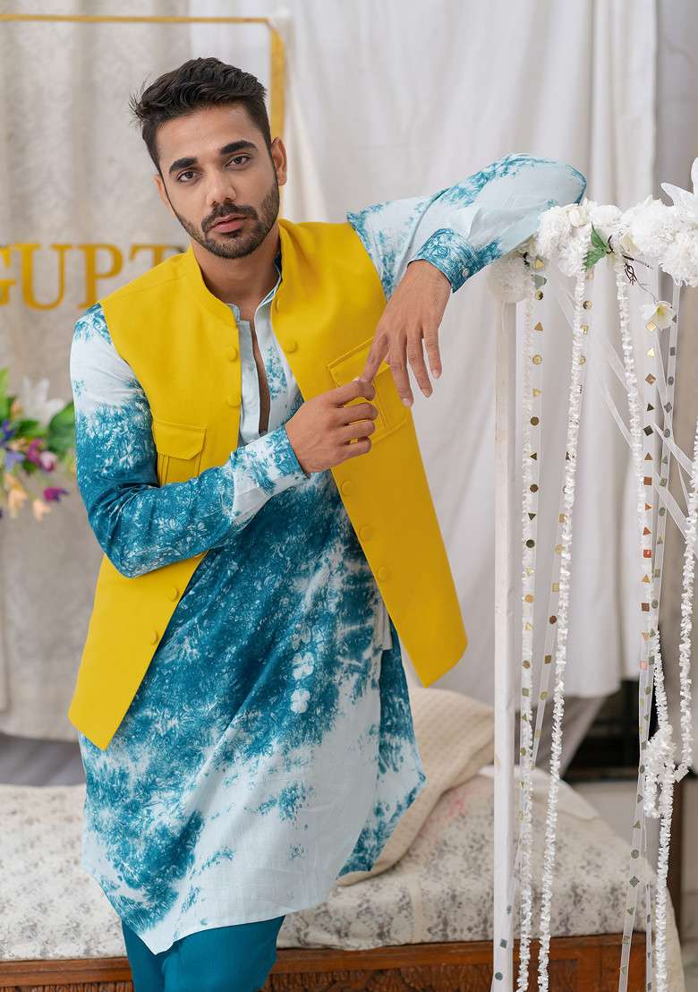 Blue Tie And Dye Kurta Set For Men - Indya