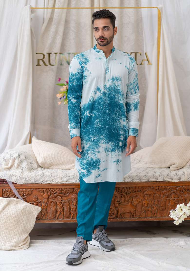 Blue Tie And Dye Kurta Set For Men - Indya
