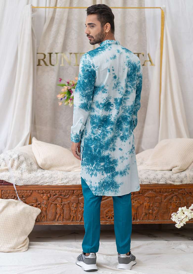 Blue Tie And Dye Kurta Set For Men - Indya