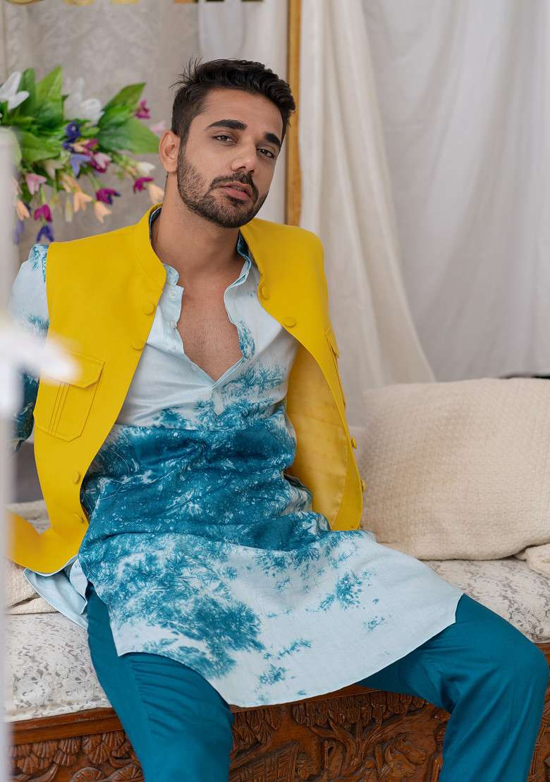 Blue Tie And Dye Kurta Set For Men - Indya
