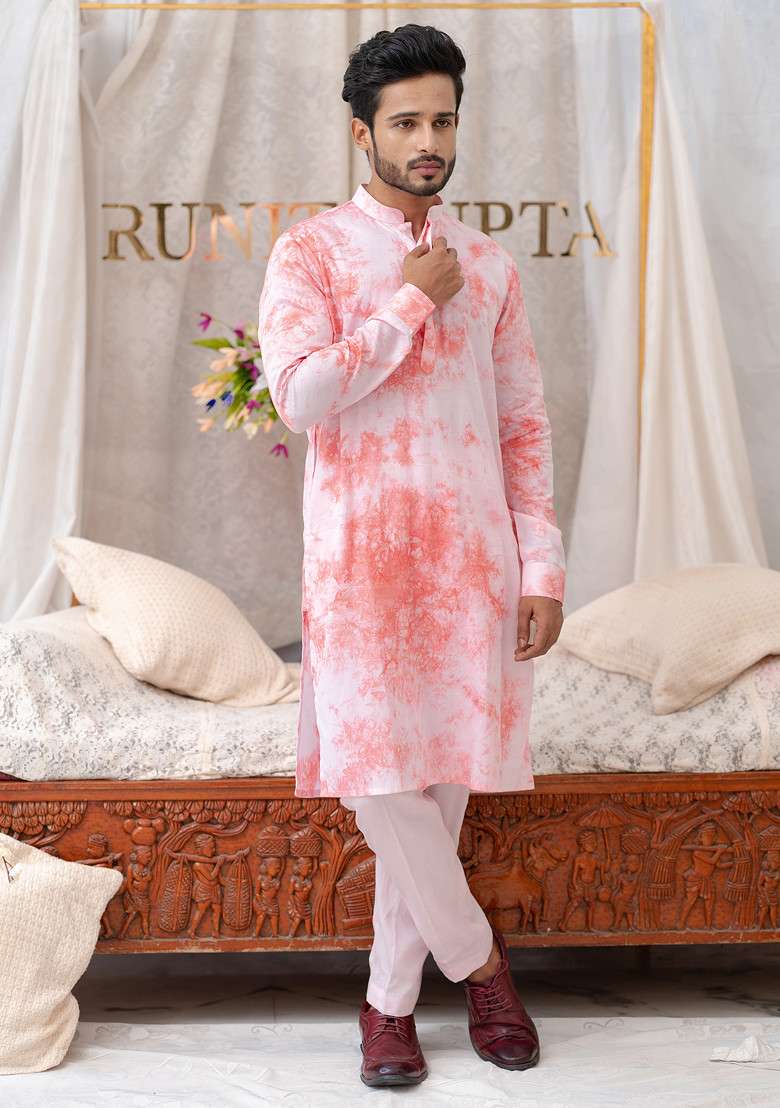 Pink Tie And Dye Kurta Set For Men - Indya