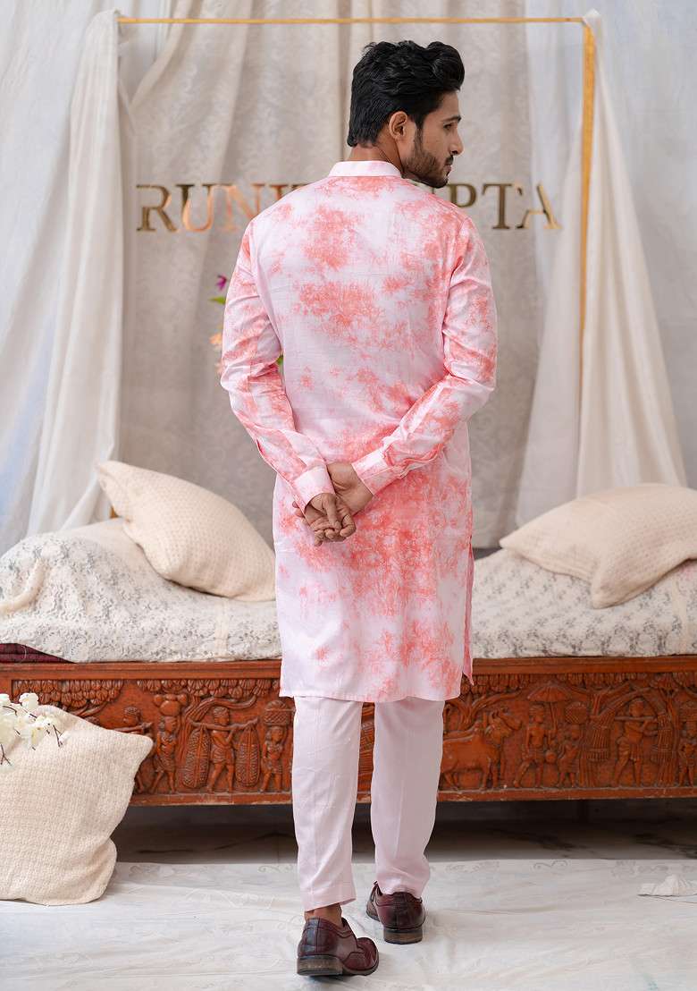 Pink Tie And Dye Kurta Set For Men - Indya