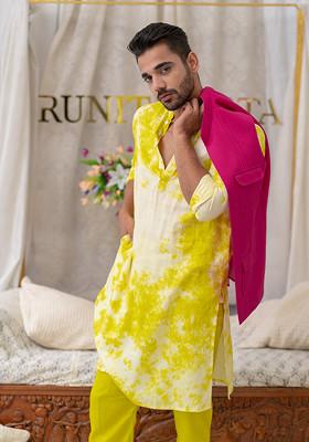 Green Tie And Dye Kurta Set For Men