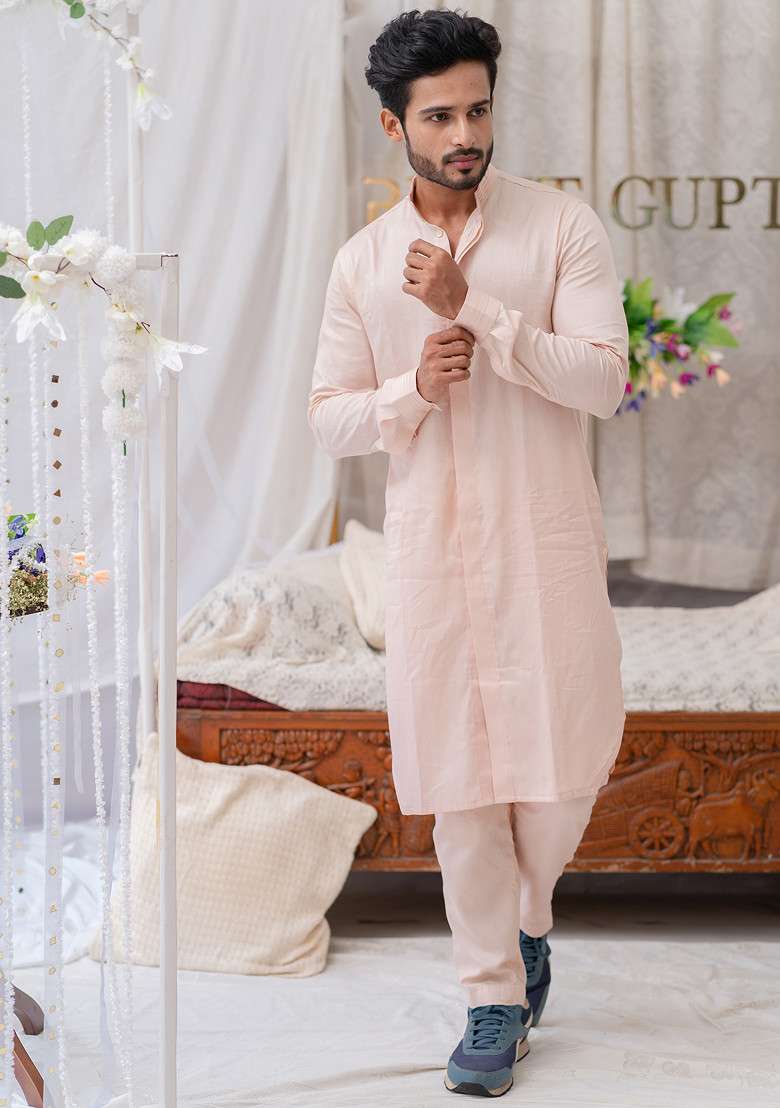 Pink Cotton Kurta Set For Men - Indya