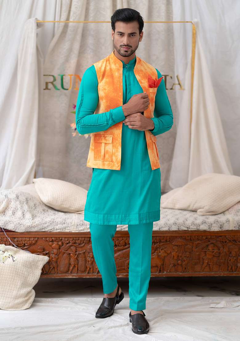Blue Pure Cotton Kurta Set For Men - Indya