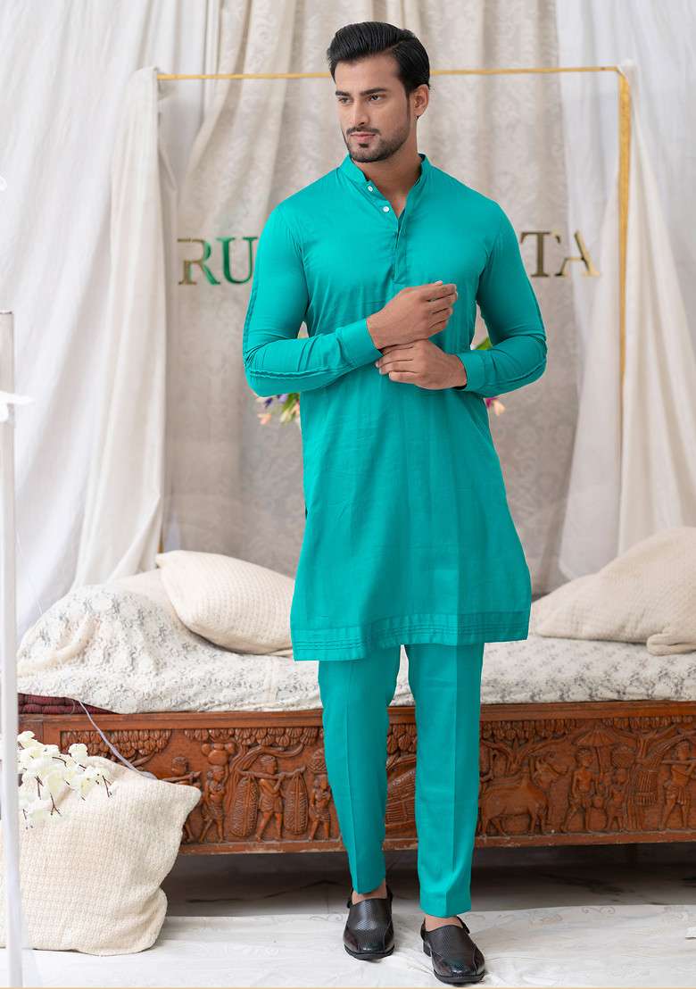 Blue Pure Cotton Kurta Set For Men - Indya