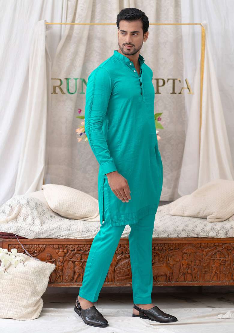 Blue Pure Cotton Kurta Set For Men - Indya