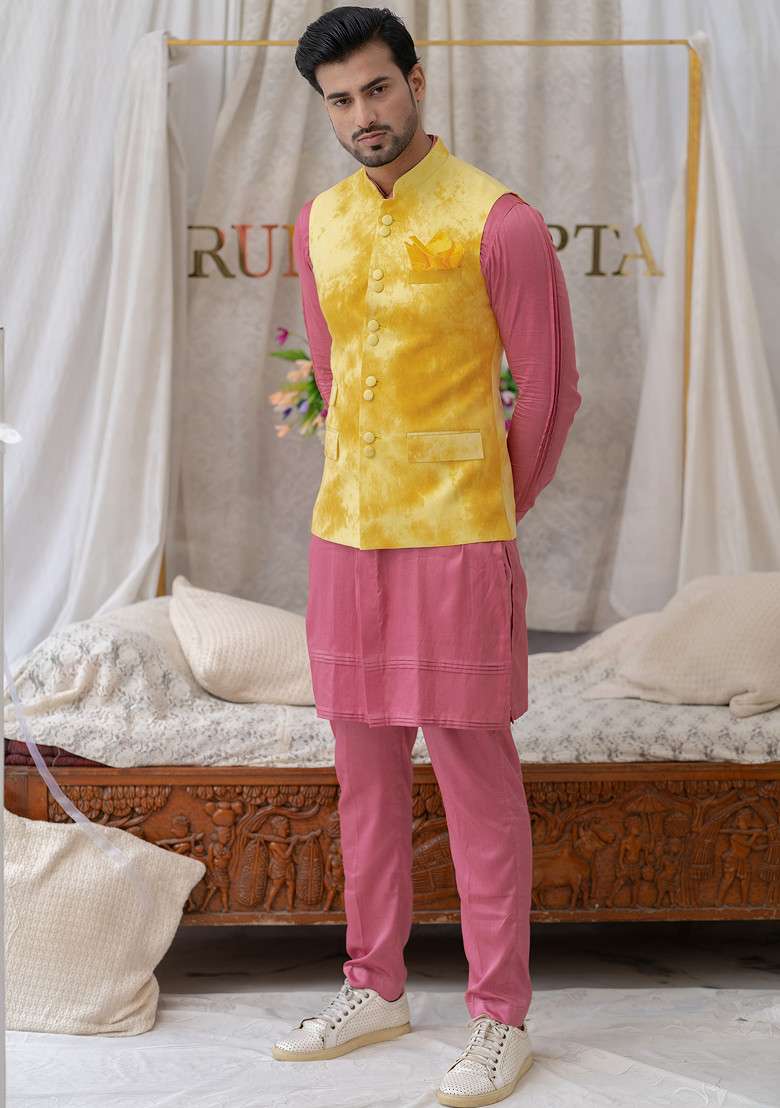 Pink Pure Cotton Kurta Set For Men - Indya