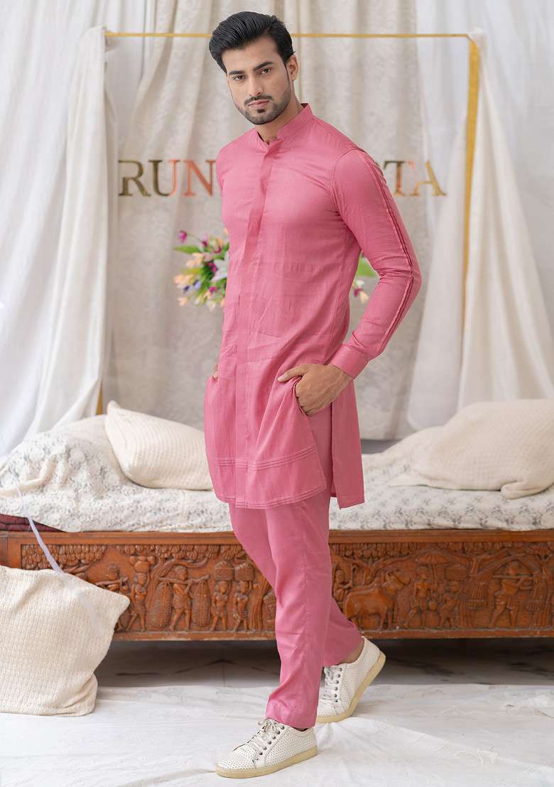 Pink Pure Cotton Kurta Set For Men - Indya