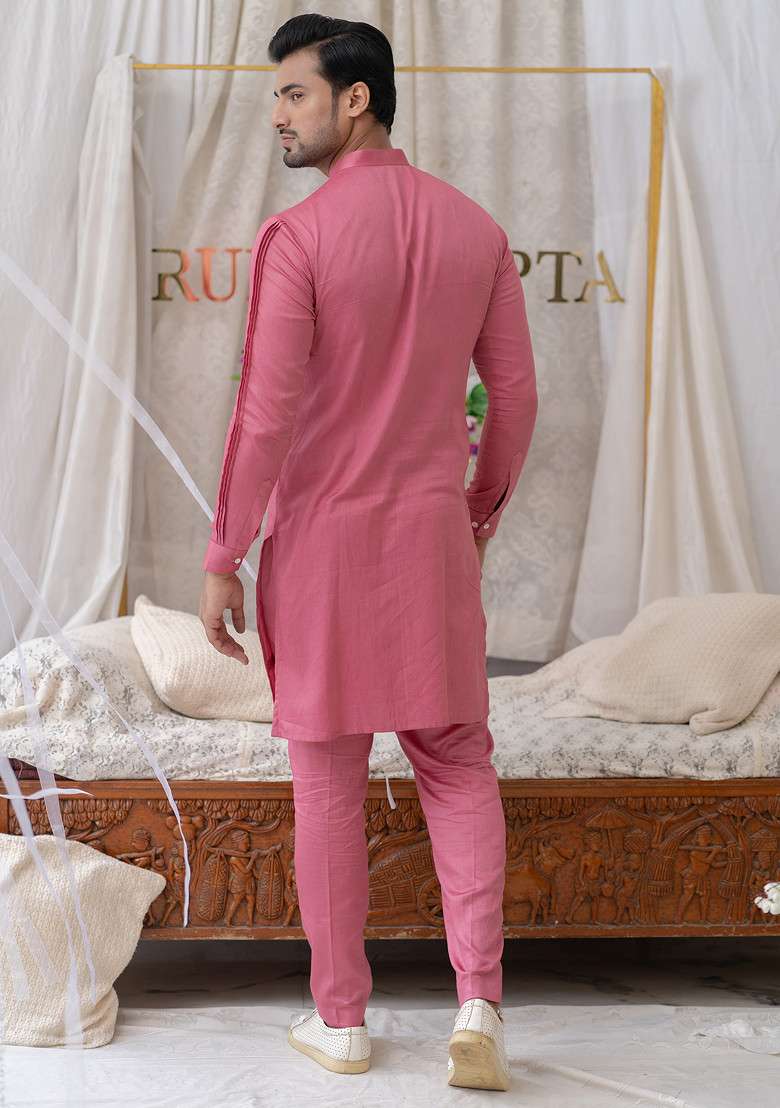 Pink Pure Cotton Kurta Set For Men - Indya
