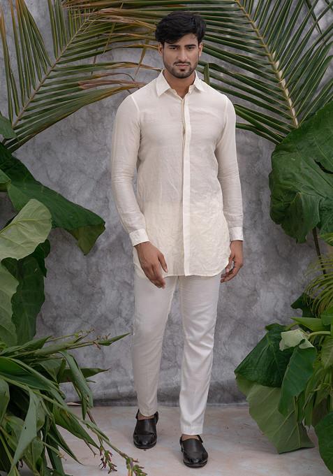 Ivory Crushed And Embroidered Shirt Kurta Set For Men