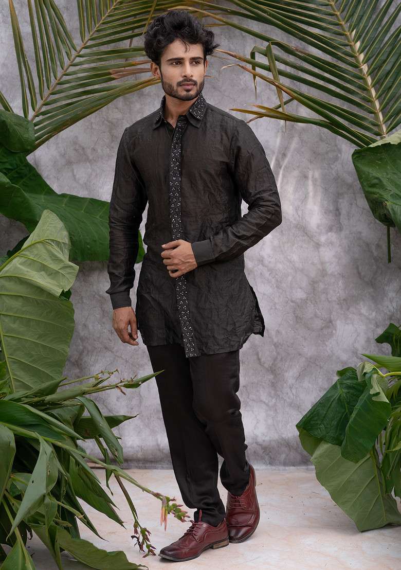 Black Crushed And Embroidered Shirt Kurta Set For Men - Indya