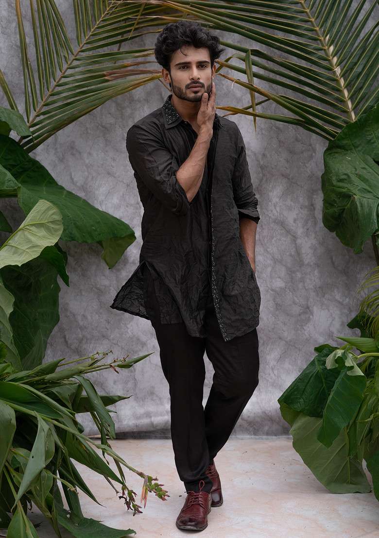 Black Crushed And Embroidered Shirt Kurta Set For Men - Indya