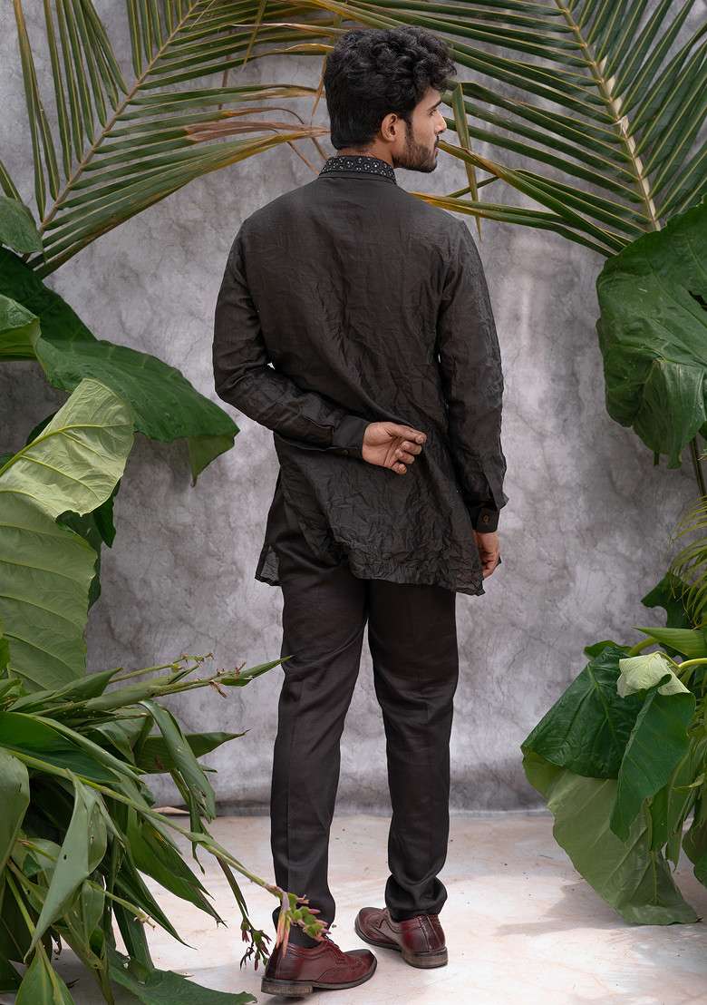 Black Crushed And Embroidered Shirt Kurta Set For Men - Indya