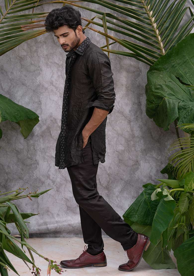 Black Crushed And Embroidered Shirt Kurta Set For Men - Indya