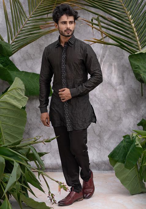 Black Crushed And Embroidered Shirt Kurta Set For Men