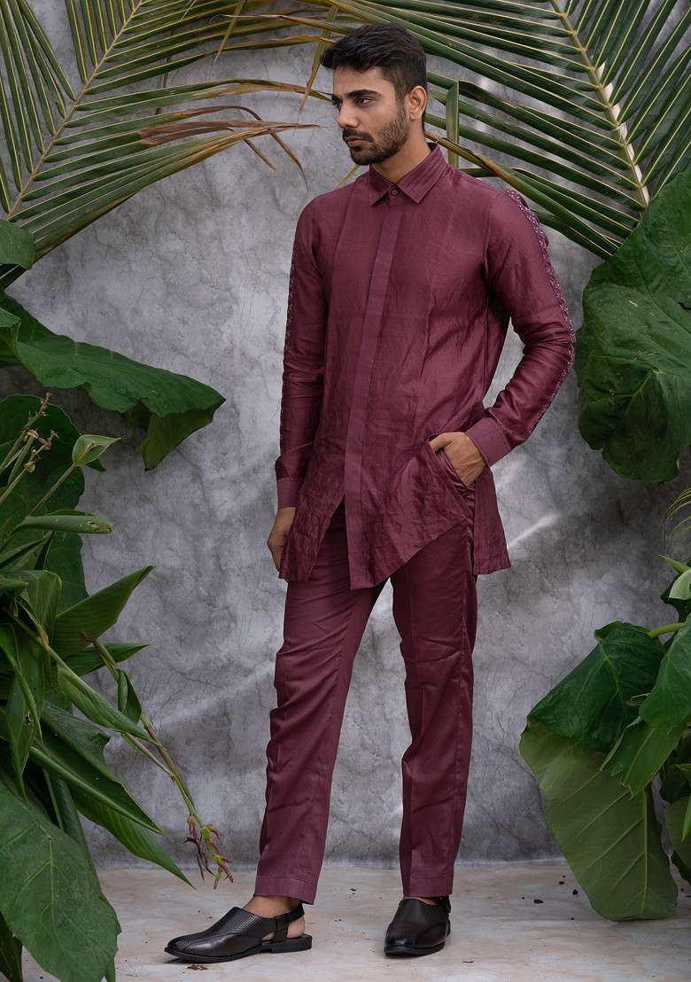 Wine Crushed And Embroidered Shirt Kurta Set For Men - Indya