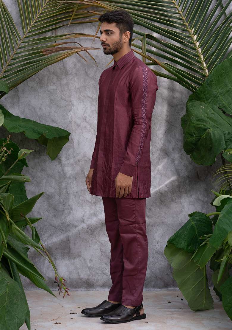 Wine Crushed And Embroidered Shirt Kurta Set For Men - Indya