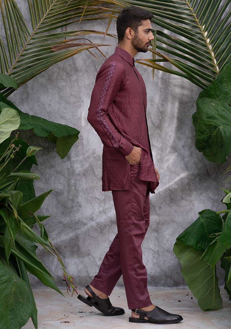 Wine Crushed And Embroidered Shirt Kurta Set For Men - Indya