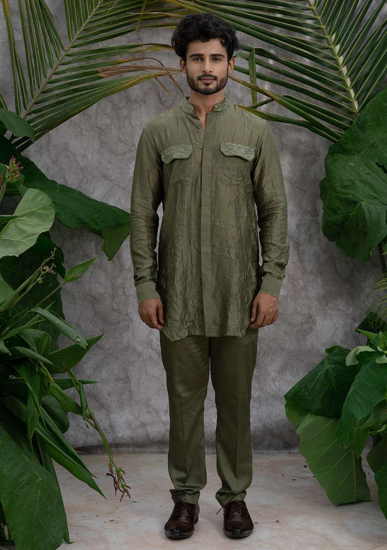 Green Crushed And Embroidered Shirt Kurta Set For Men - Indya